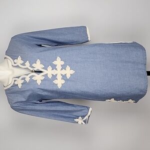 JOE Women's Tunic Top Blue Denim Cotton V Neckline 3/4  Sleeves Embroidered Sz S